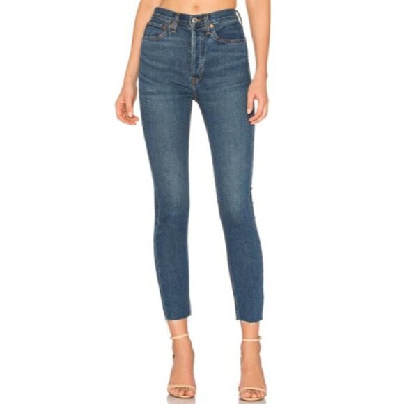 Re/Done Originals High Rise Frayed Hem Ankle Crop Stretch Denim Jeans Blue 25 - Picture 1 of 8
